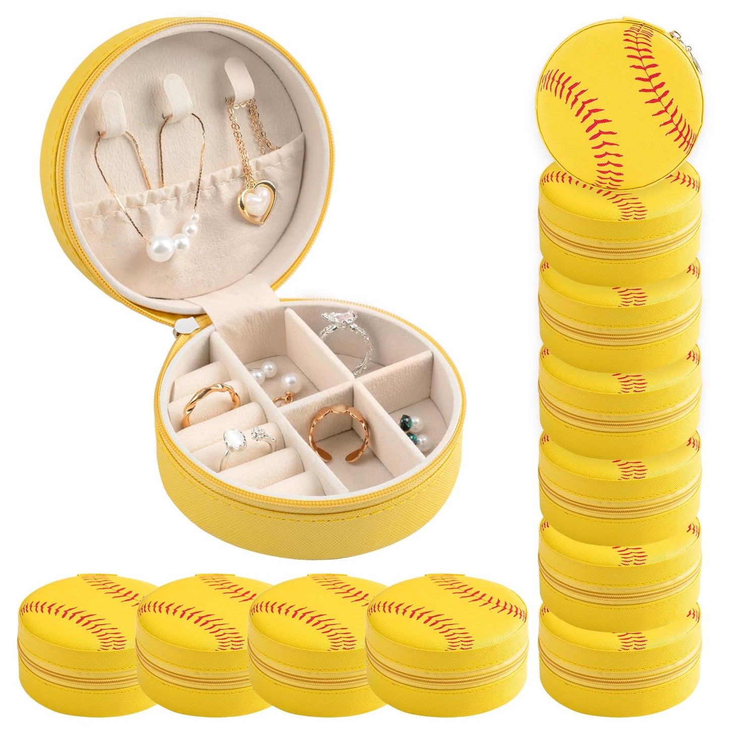 12-Pack Softball Jewelry Box Bulk Team Gifts for Girls, Yellow Round Mini Travel Jewelry Case Organizer for Softball Players Coaches, Senior Night Tournament Gifting, Optic Yellow