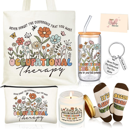 Funnymoom 6 Pcs Occupational Therapy Appreciation Gifts for Women Thank You OT with17 oz Glass Cup Canvas Tote Makeup Bag Valentine's Day Birthday Gifts Set for Occupational Therapist