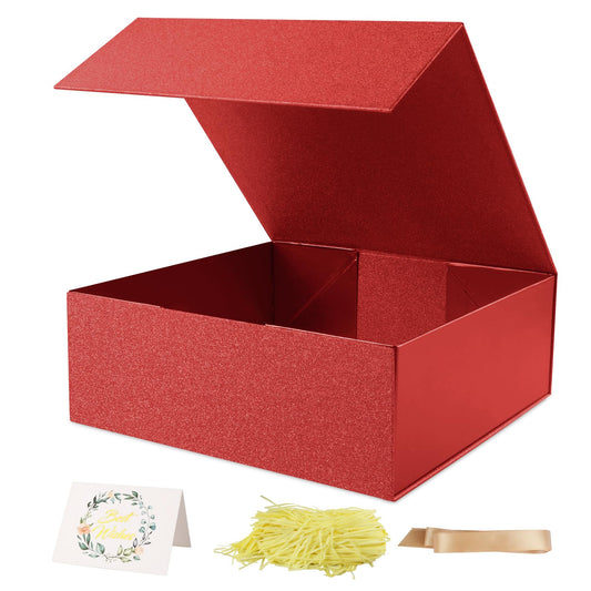 LumyHavver Gift Box 9.65x9.65x3.6 Inches, Red with Magnetic Lid, Collapsible with Ribbon, Raffia Grass, Card, for Birthdays, Christmas, or Parties, Gift Packaging