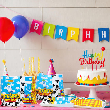 CHENRINDECO 50Pcs Cartoon Story Goodie Bags Cow Pattern Birthday Party Favor Bags Blue Sky White Cloud Plastic Bags with Handle for Toy Themed Birthday Party Supplies