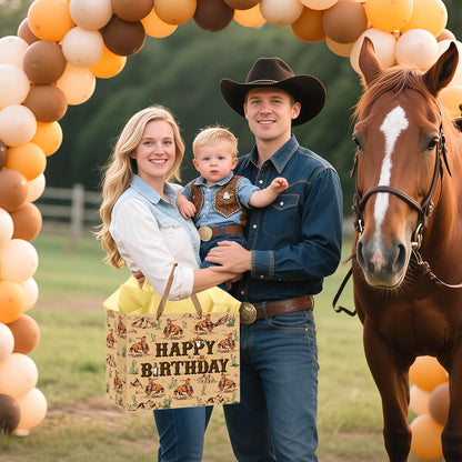Wauprant Cowboy Birthday Gift Bags,Brown Western Rodeo Cowboy Wrapping Paper Gift Bag with Handles Greeting Card and Paper,Riding Horse Wild West Party Decoration for Men Birthday Western Theme Party