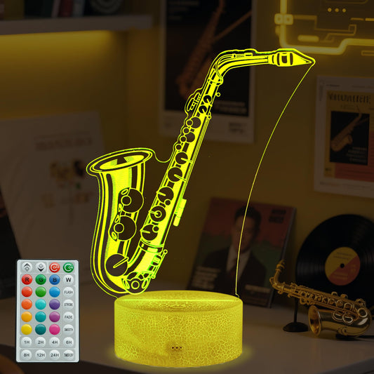 Saxophone Night Light, 3D Illusion Night Light with 16 Colors Changing, Remote Control with Timer, Music Accessories Toys and Room Decoration for Holiday Birthday Christmas