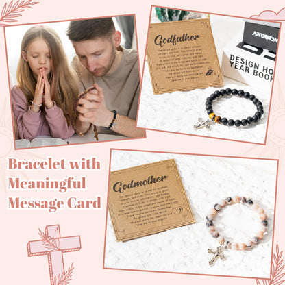 CJiangpo Natural Stone Cross Bracelet for Godparents, Christian Religious Cross Beaded Bracelets Godmother Godfather Proposal Gifts Catholic Jewelry for Christmas Baptism Gifts