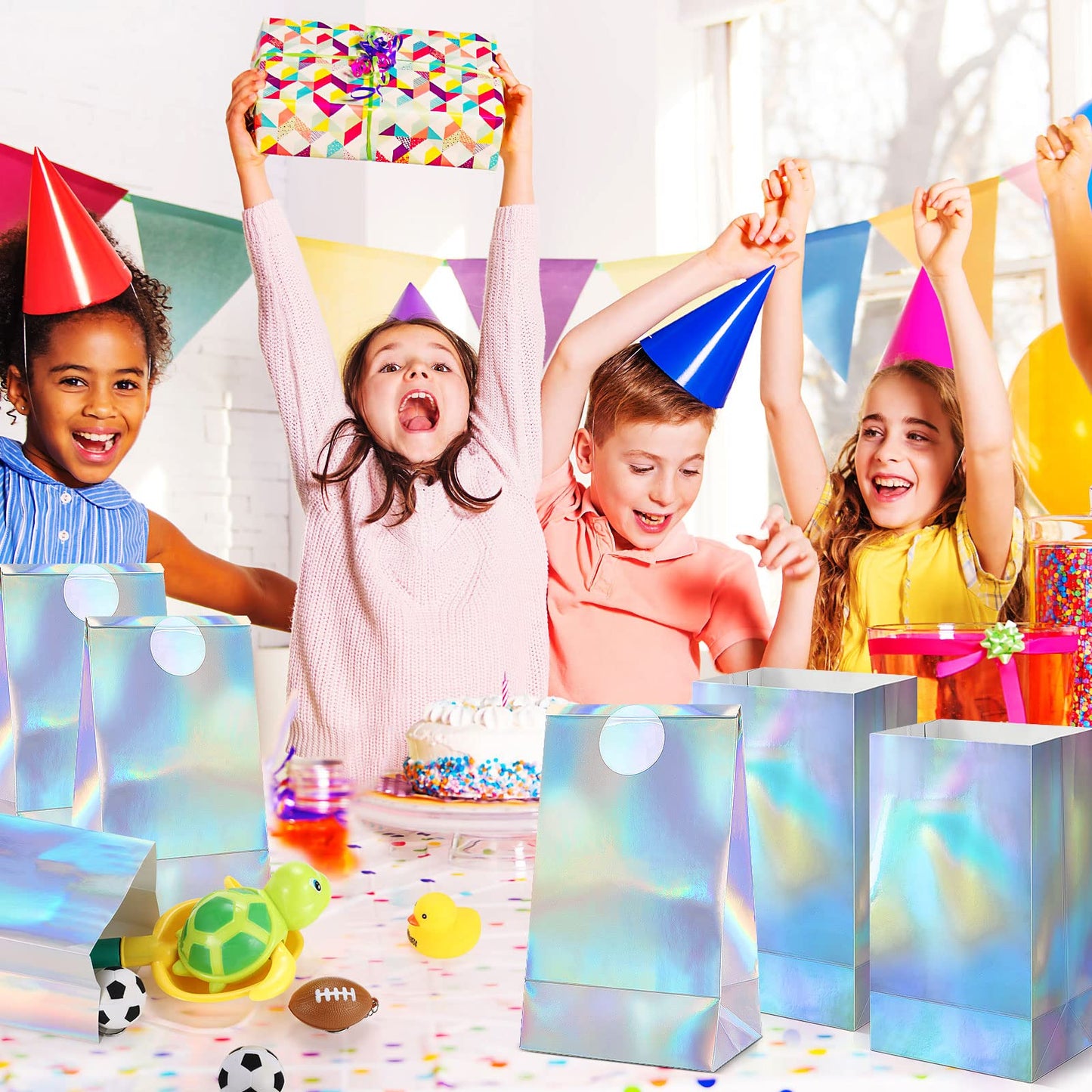 Estune 30 Pcs Iridescent Party Favor Bags with Stickers Holographic Paper Gift Bags 8. 3 x 5 x 3 Inch Reusable Glitter Foil Goodie Candy Handbag for Baby Shower Wedding Birthday Party Supplies