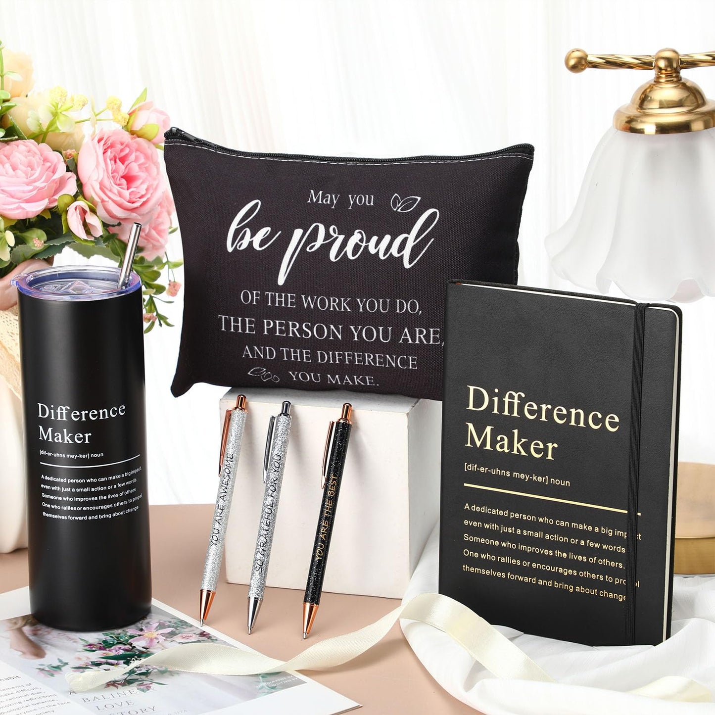 Geiserailie 6 Pcs Difference Maker Gift Employee Appreciation Thank You Gift for Women Teacher Nurse 20 oz Tumbler Leather Journal Ballpoint Pens Makeup Bag for Graduation(Black)