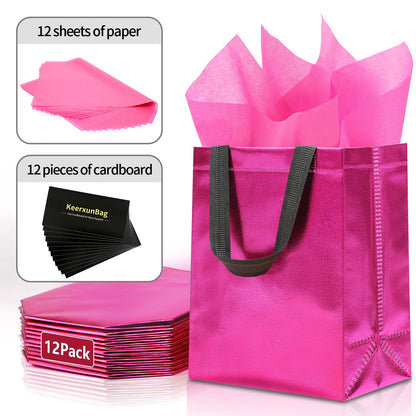 KeerxunBag 12pcs Reusable Gift Bags（Includes Tissue Paper） Gift bag with handle Birthdays Parties Holidays Weddings Medium 10x4x8in pink Gift Bags