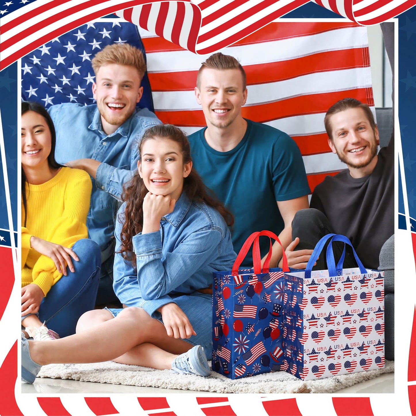 Wesnoy 48 Pcs 4th of July Patriotic Gift Bags Bulk with Handle Non Woven 250th Anniversary Goodie Bag Independence Day American Flag Memorial Day Tote Bag Holiday Party Favor, 11.4 x 10.6 x 4.7 Inch