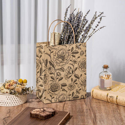 WRAPAHOLIC Medium Floral Kraft Paper Gift Bags - Black Florals Design for Birthday, Baby Shower, Holiday, Party Gift Wrap (Pack of 12)