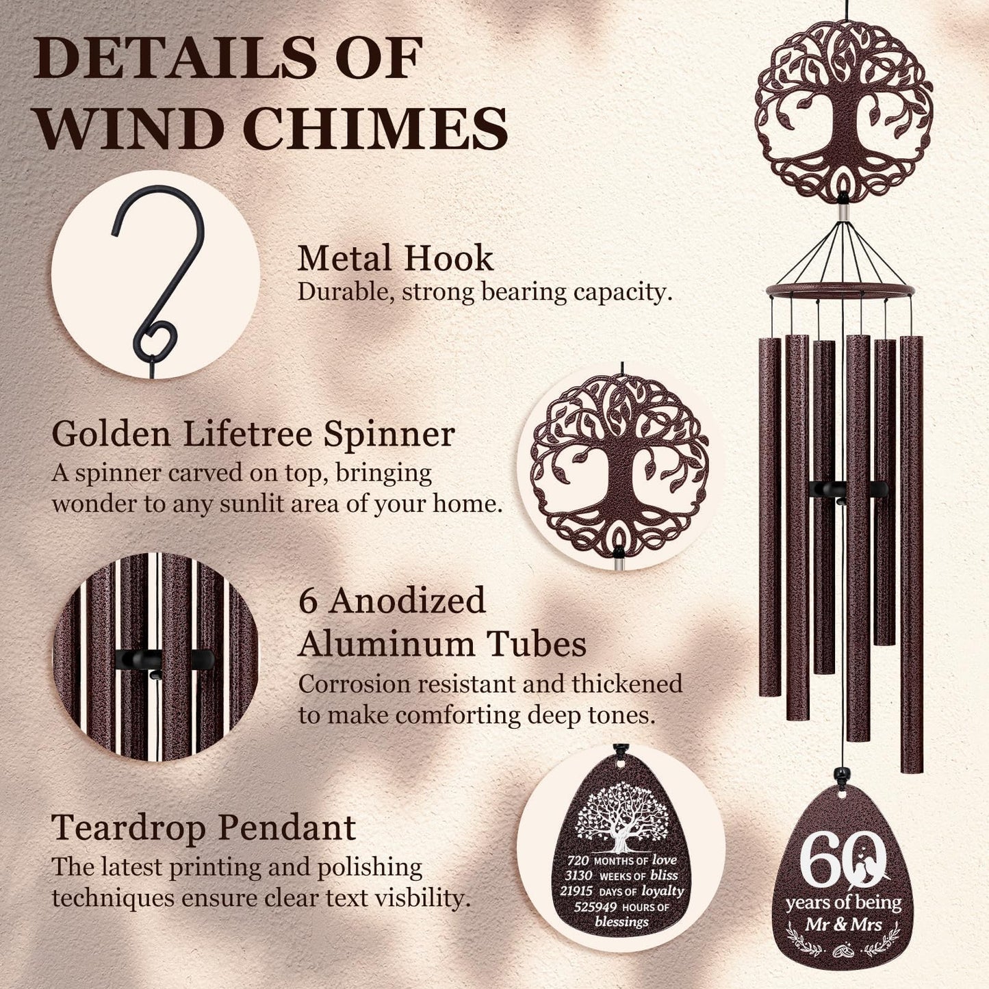 SteadStyle 60th Anniversary Wind Chime, Happy 60th Jubilee Gifts for Parents, Husband, Wife, Couples, Friends - Diamond Anniversary Keepsake Tree of Life Wind Chime Large Size 37 in Garden Patio Decor