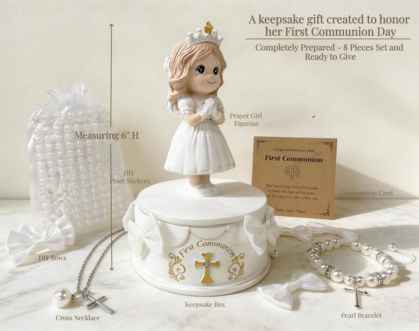 First Communion Gifts for Girls - 1st Holy Communion Gift with Prayerful Girl Figurine, Keepsake Box & Pearl Bracelet - Religious Keepsake Gift for Girls
