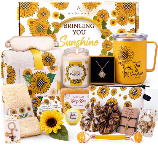 Andlane Sunflower Gifts for Women - Unique Gift Basket Set - Birthday Gifts for Women, Best Friend, or Sister - Sunshine Box Care Package, Get Well Soon, Thinking of You, Friendship Basket 18Pcs Large