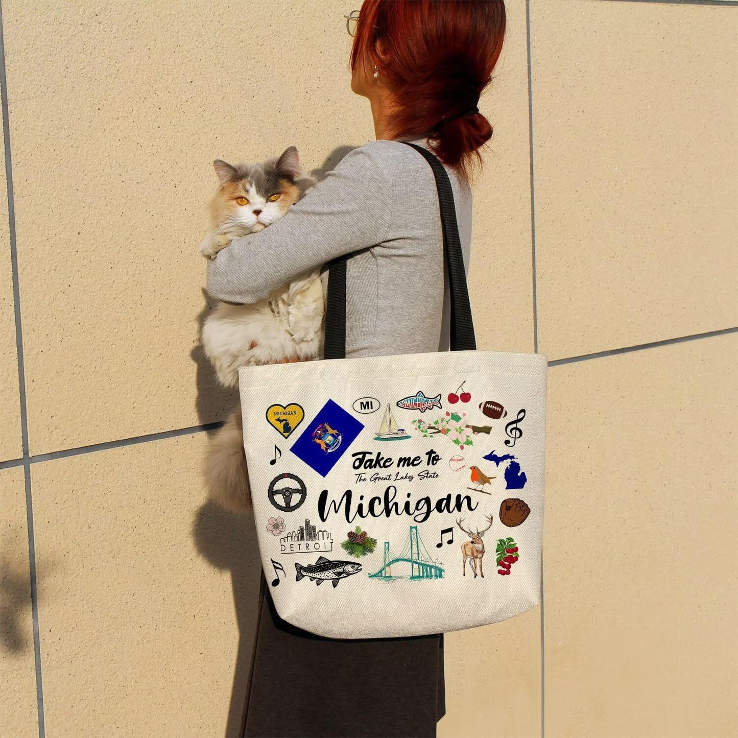 Take Me To Michigan Tote Bag Reusable Grocery Bags Aesthetic Shopping Shoulder Handbag with Interior Pocket Lightweight & Washable Stylish Michigan Travel Present for Women