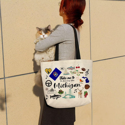 Take Me To Michigan Tote Bag Reusable Grocery Bags Aesthetic Shopping Shoulder Handbag with Interior Pocket Lightweight & Washable Stylish Michigan Travel Present for Women