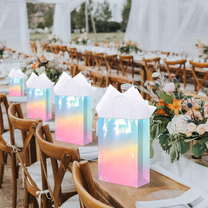 MIMIND 24 Pack Iridescent Paper Gift Bags with Handles Holographic Party Favor Bags with Tissue Paper 8.7 x 6.3 x 3.1 Inch Glitter Gradient Pink and Blue Goodie Candy Bag for Wedding Birthday Parties