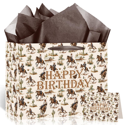 Woosytoo Cowboy Birthday Gift Bag Western Rodeo Happy Birthday Wrapping Bag with Greeting Card and Tissue Paper Wild West Horse Treat Candy Bag for Boys Men Bday Western Theme Party Supplies