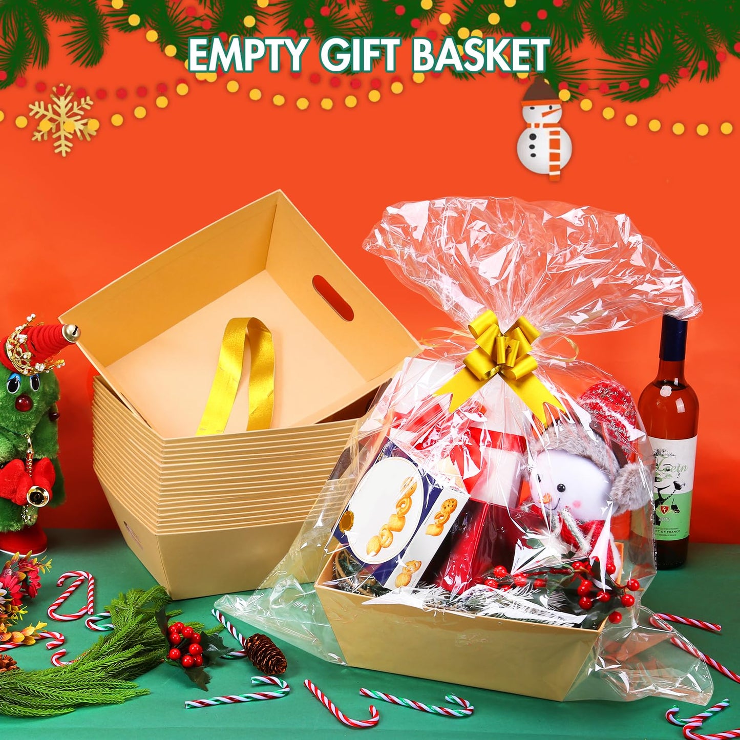 AFOROEOA 10PACK Baskets For Gifts Empty, 10x12”Thick Kraft Gift Basket with 10 Bows 10 Bags Empty Gift Baskets for Christmas, Valentine’s Day, Easter, Birthdays, Snacks, Farmers Market