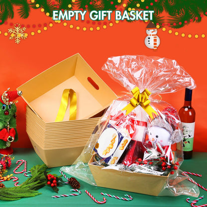AFOROEOA 10PACK Baskets For Gifts Empty, 10x12”Thick Kraft Gift Basket with 10 Bows 10 Bags Empty Gift Baskets for Christmas, Valentine’s Day, Easter, Birthdays, Snacks, Farmers Market