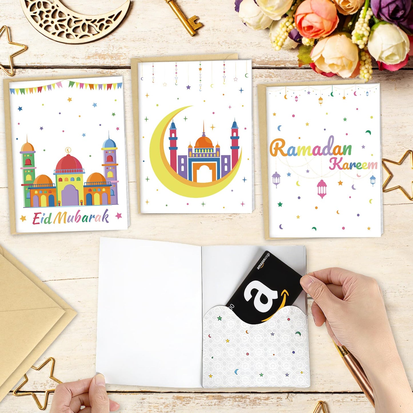 4 Sets Eid Gift Card Book, Eid Mubarak Money Holder Cards with Envelopes, Islamic Holiday Ramadan Kareem Gift Card Booklet Organizer for Family, Friends