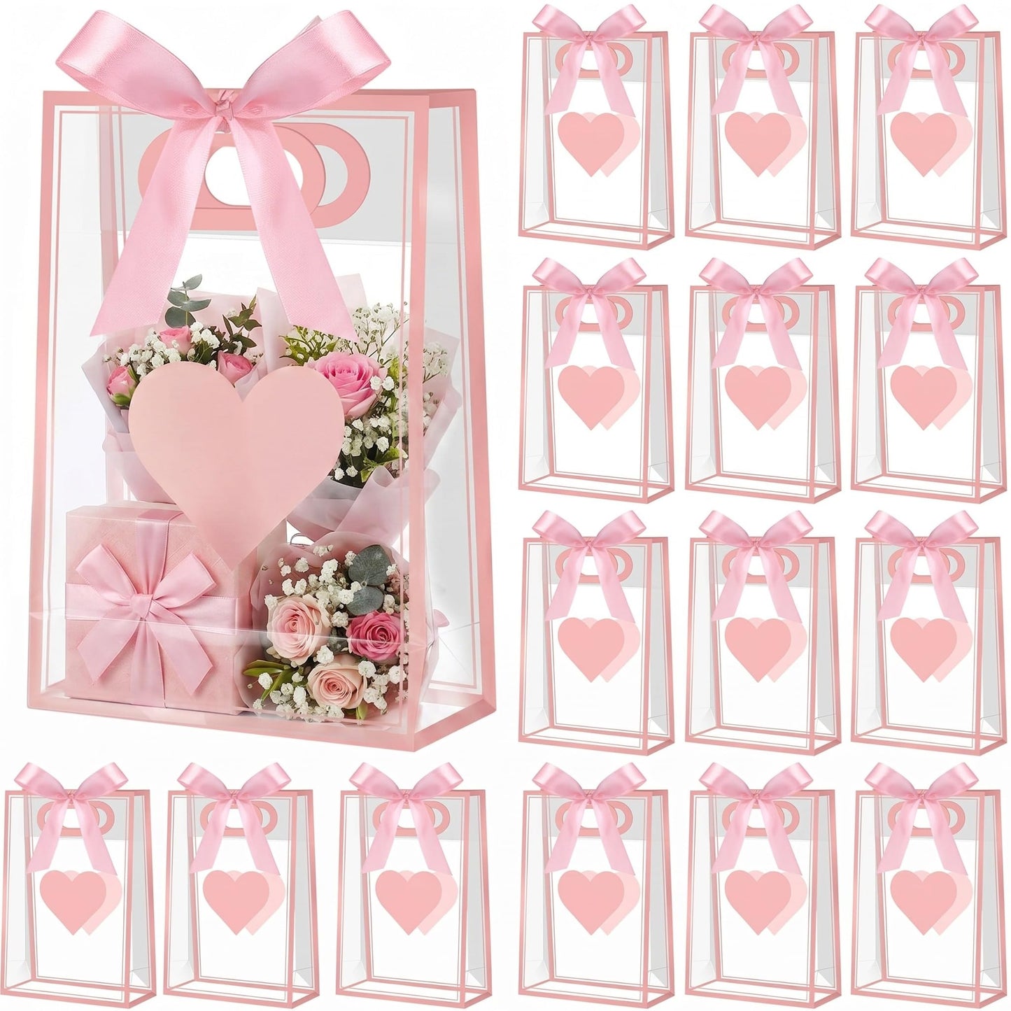 Gueevin 24 Pcs Mother's Day Heart Gift Bags with Ribbon Pink Heart Clear Plastic Gifts Bags with Handles Reusable Gift Wrap Tote Bag for Mom Wedding Bridal Birthday Party