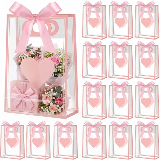 Gueevin 24 Pcs Mother's Day Heart Gift Bags with Ribbon Pink Heart Clear Plastic Gifts Bags with Handles Reusable Gift Wrap Tote Bag for Mom Wedding Bridal Birthday Party