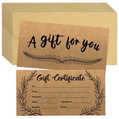 48 Pcs Blank Gift Certificates Kraft Certificate Cards with 48 Pcs Envelopes for Business Salon Restaurants Spa Christmas Birthday, 3.5 x 7