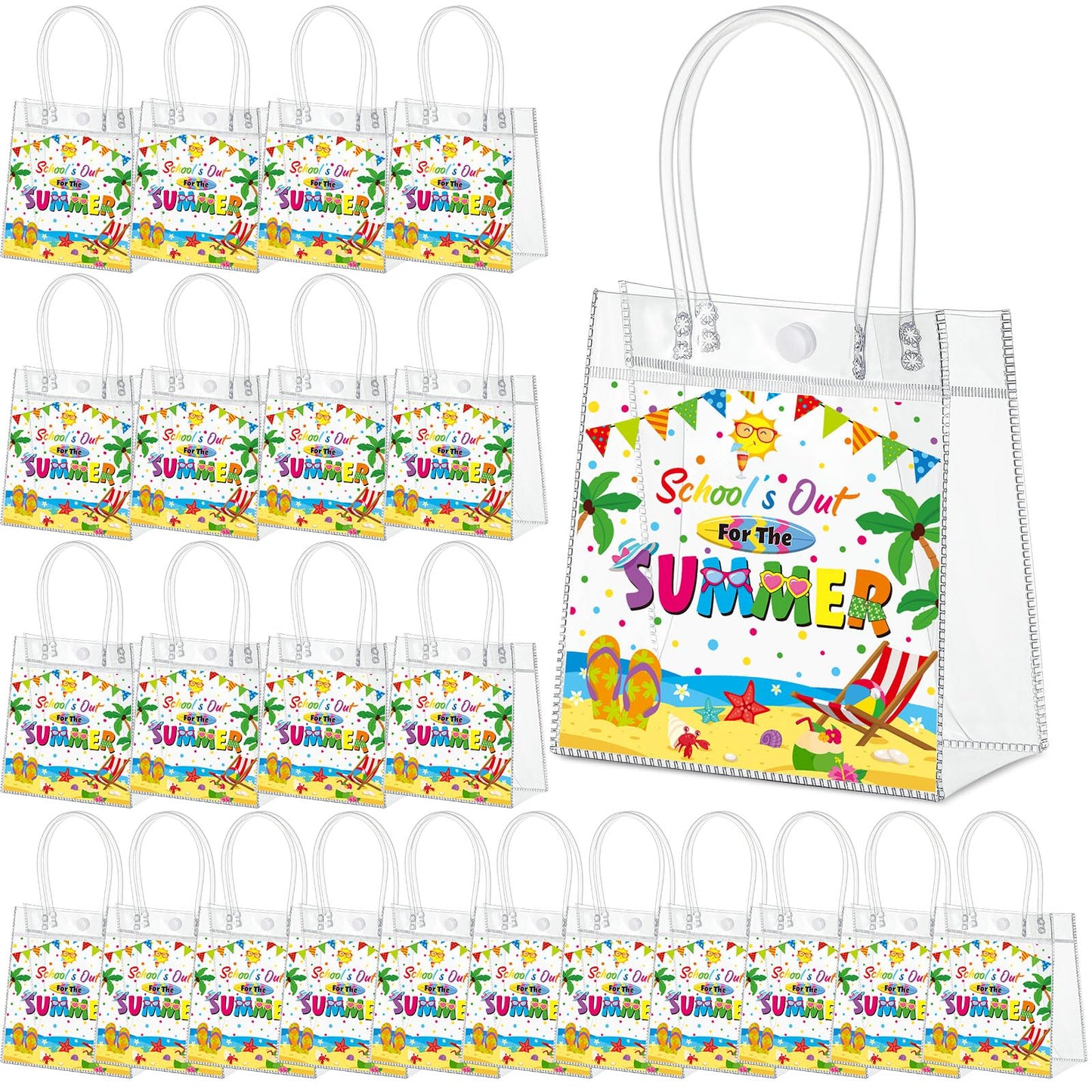 Gilprop 12 Pcs School's Out for Summer Gift Bags, End of Year Goodie Bags Bulk, Clear PVC Treat Tote Bag with Handles, Last Day of School Party Favors for Pool Beach Vacation