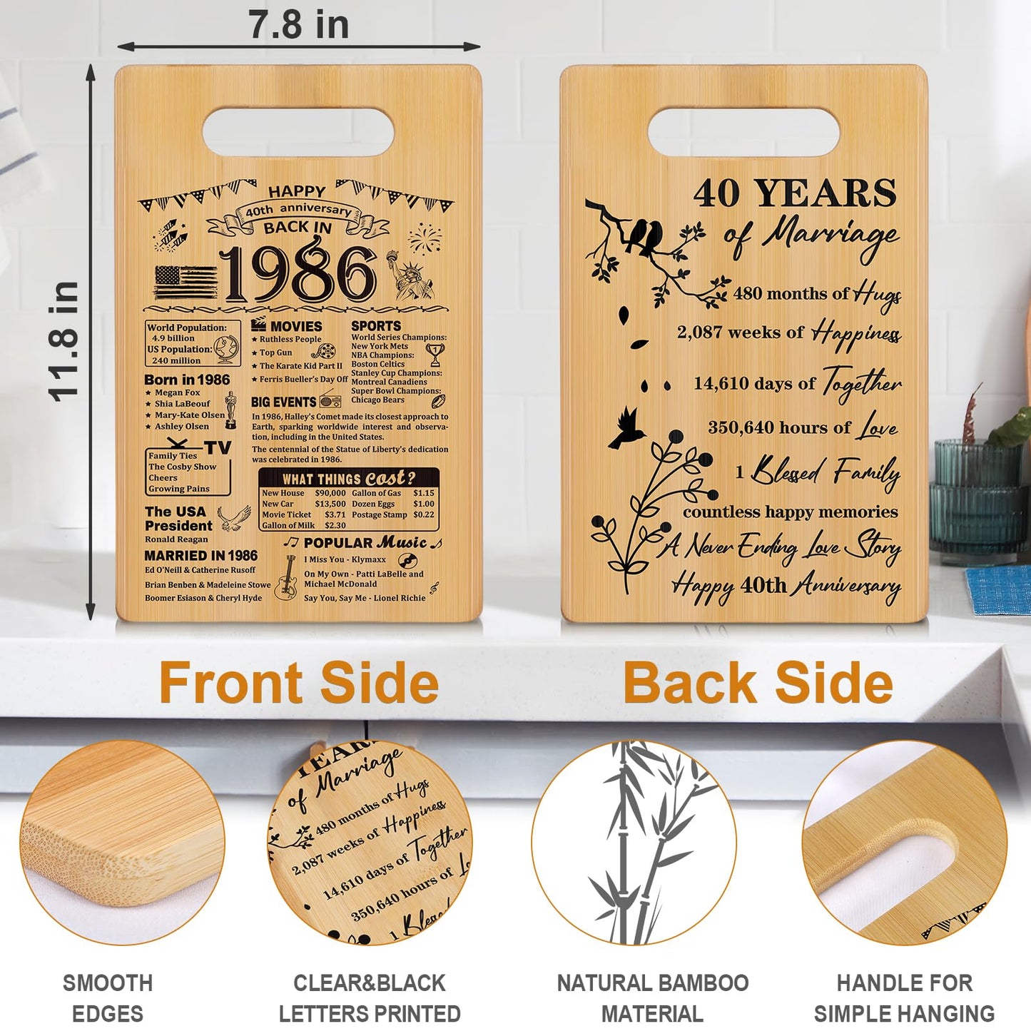40th Wedding Anniversary for Women Men,Back In 1986&40 Years of Marriage Double sided Cutting Board Gift for Her Him,best 40 years anniversary Decorations for couple