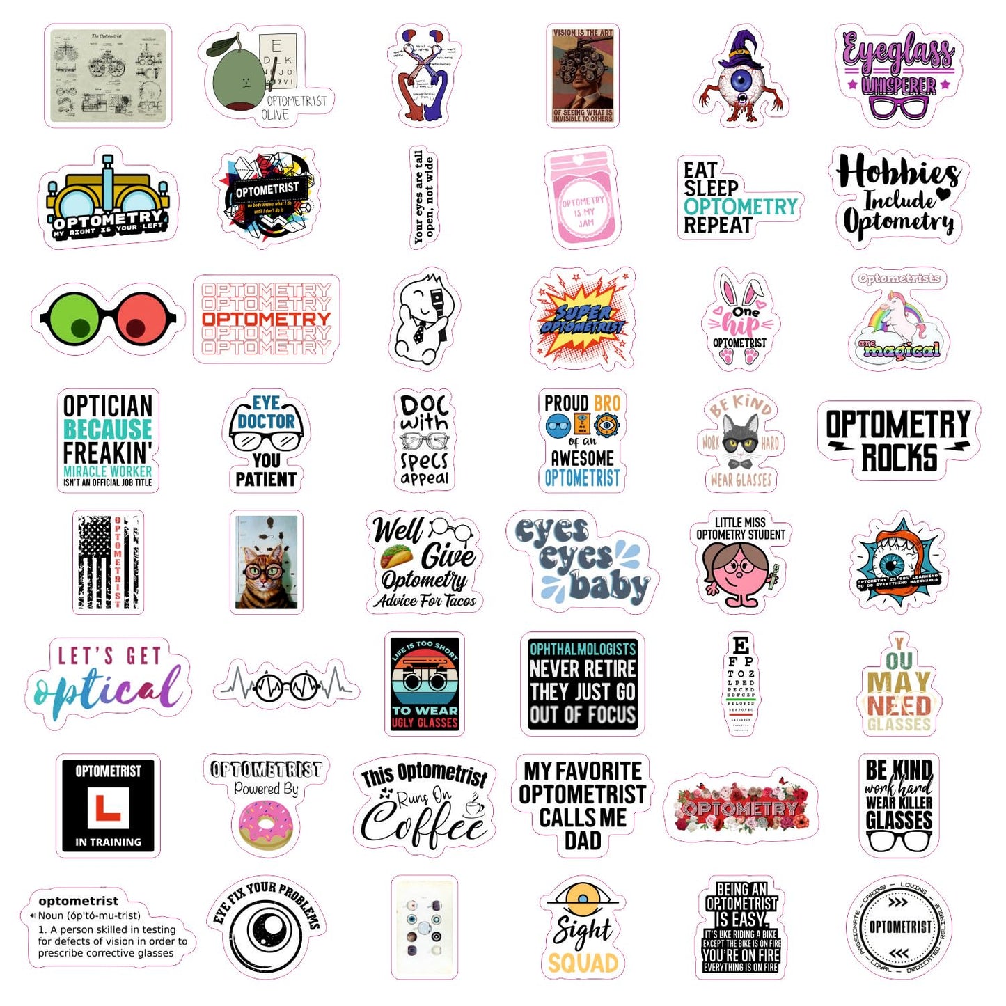 BulbaCraft 100Pcs Funny Eye Doctor Stickers, Optometrist Stickers, Funny Optometry Gifts for Women, Gifts for Women & Men