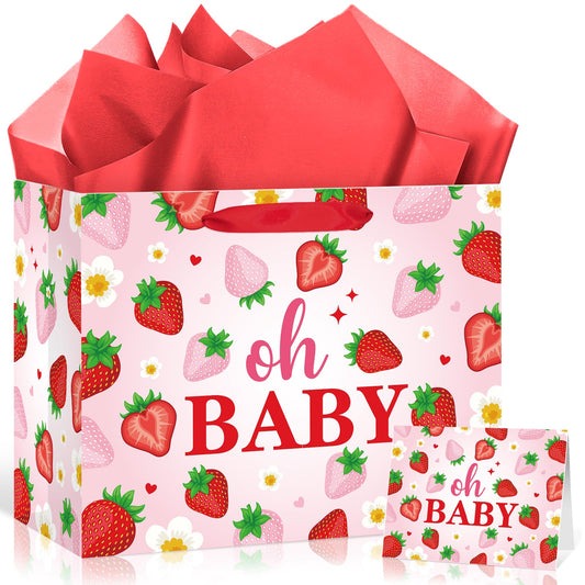 Woosytoo Strawberry Baby Gift Bag with Card Tissue Papers, Pink Berry Baby Shower Wrapping Paper Bag Oh Baby Present Bags for Newborn Congratulations Gifts Gender Reveal Party Favors