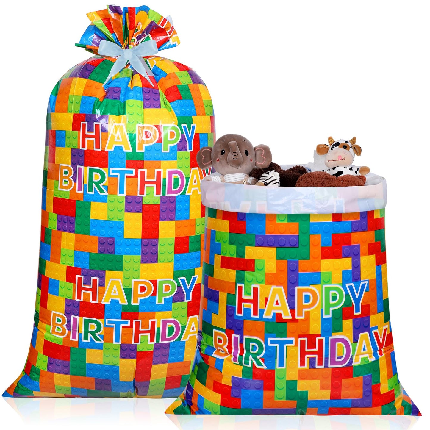 Ctosree 2 Pcs 70" x 40" Extra Large Jumbo Gift Bag Building Block Plastic Giant Gift Bags Oversized Gift Wrapping Bags with 2 Rolls Ribbons for Birthday Party Baby Shower Favor Holiday Supplies