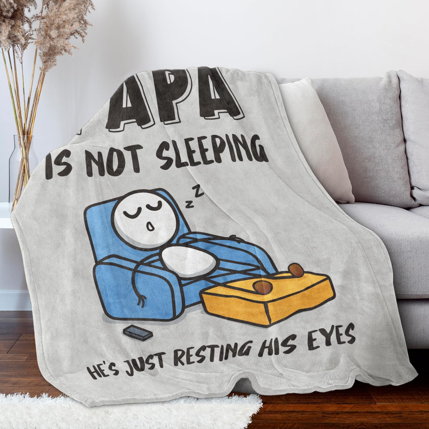 Funny Fathers Day Papa Gifts, Papa is Not Sleeping Blanket Gift from Grandkids Daughter Son, Birthday Gifts for Papas Dad Grandpa, Flannel Throw for Couch and Naps, 60‘’ x 50‘’ （Gray）