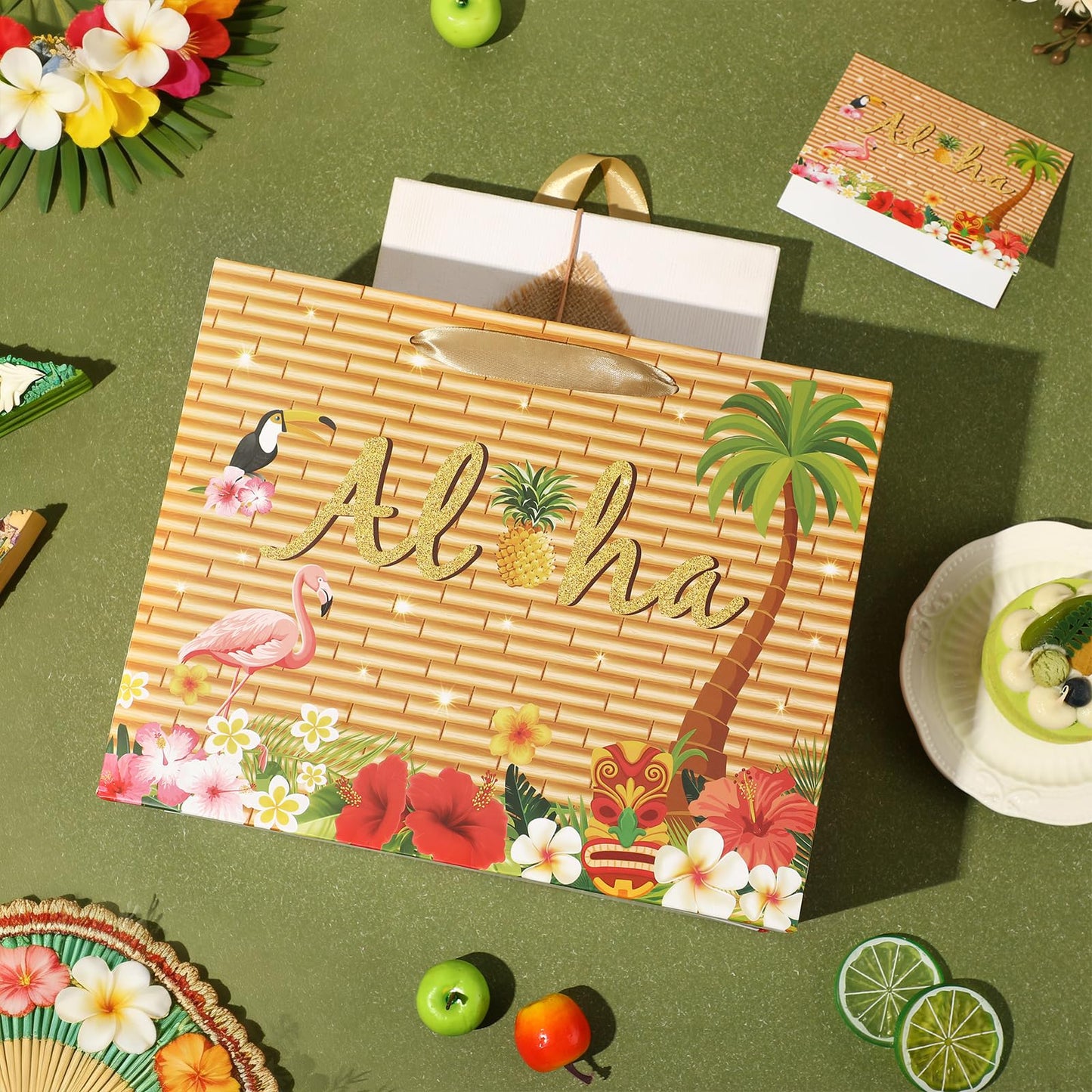 Hawaiian Gift Bag Luau Tiki Party Decorations Wood grain Hawaiian Gift Bag with Tissue Paper and Card Flamingo Beach Wrapping Bags for Tropical Summer Beach Pool Birthday Party Decorations