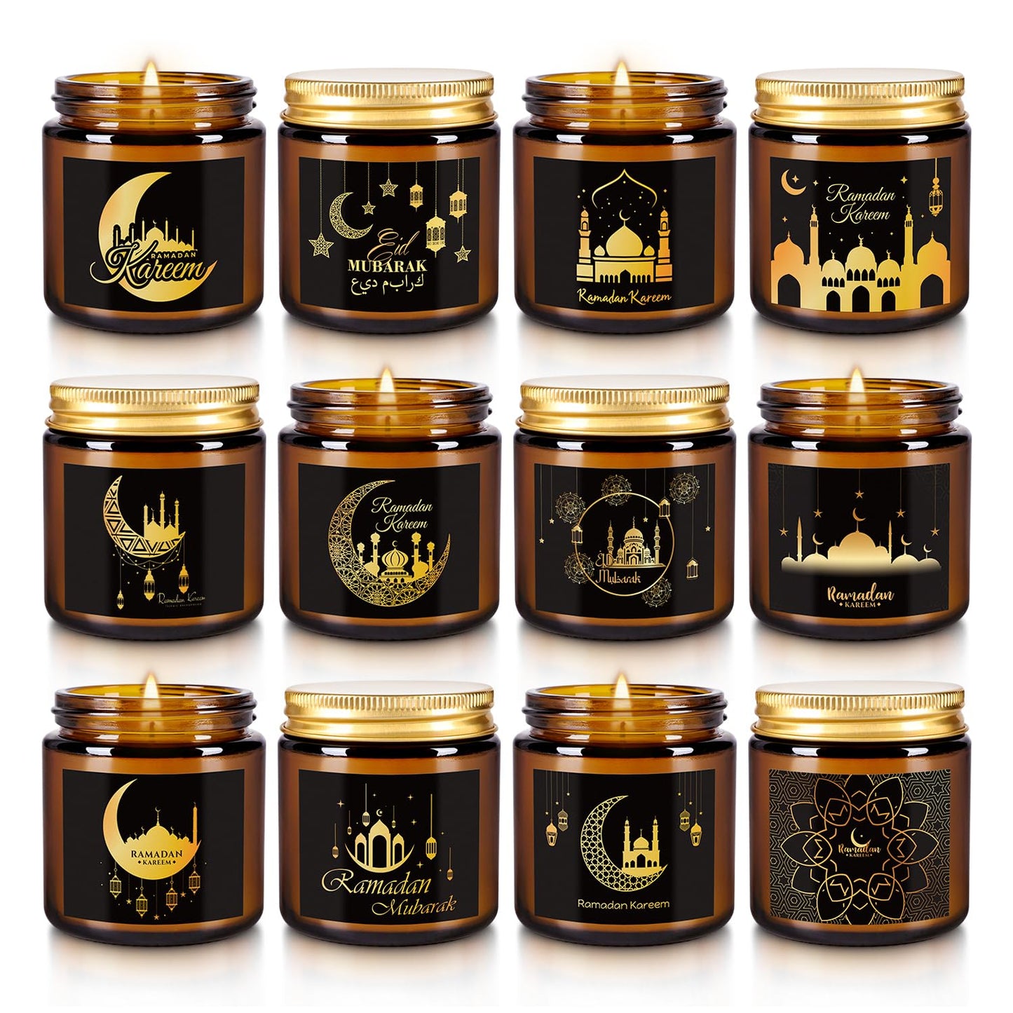 12 Pcs Ramadan Mubarak Scented Candle Set - Eid Candles for Home Decor, Aromatherapy Islamic Gifts for Women & Family, Mosque-Inspired Jar with Islamic Lanterns & Stars, Brown Soy Wax