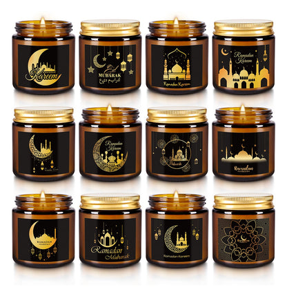 12 Pcs Ramadan Mubarak Scented Candle Set - Eid Candles for Home Decor, Aromatherapy Islamic Gifts for Women & Family, Mosque-Inspired Jar with Islamic Lanterns & Stars, Brown Soy Wax