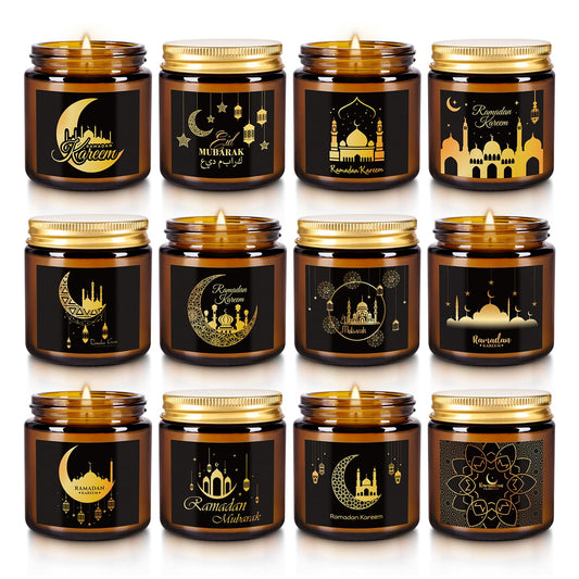 12 Pcs Ramadan Mubarak Scented Candle Set - Eid Candles for Home Decor, Aromatherapy Islamic Gifts for Women & Family, Mosque-Inspired Jar with Islamic Lanterns & Stars, Brown Soy Wax