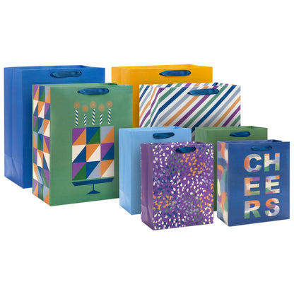 Hallmark Solid Gift Bag Assortment (8 Bags: 4 Medium 9", 4 Large 13") Blue, Green, Orange, Cheers, Stripes
