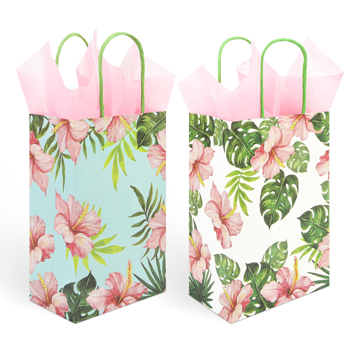 36 Pack Small Hawaiian Tropical Party Favor Gift Bags with Handles 9x5.5x3.15 Inch and 36 Pink Tissue Paper for Luau Parties, Birthdays, Weddings, Baby Showers, Bridal Showers (2 Designs Assorted)