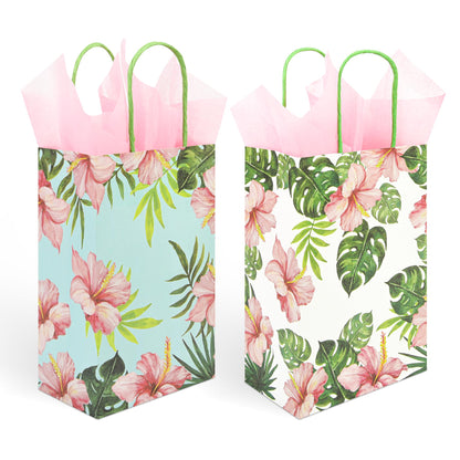 36 Pack Small Hawaiian Tropical Party Favor Gift Bags with Handles 9x5.5x3.15 Inch and 36 Pink Tissue Paper for Luau Parties, Birthdays, Weddings, Baby Showers, Bridal Showers (2 Designs Assorted)