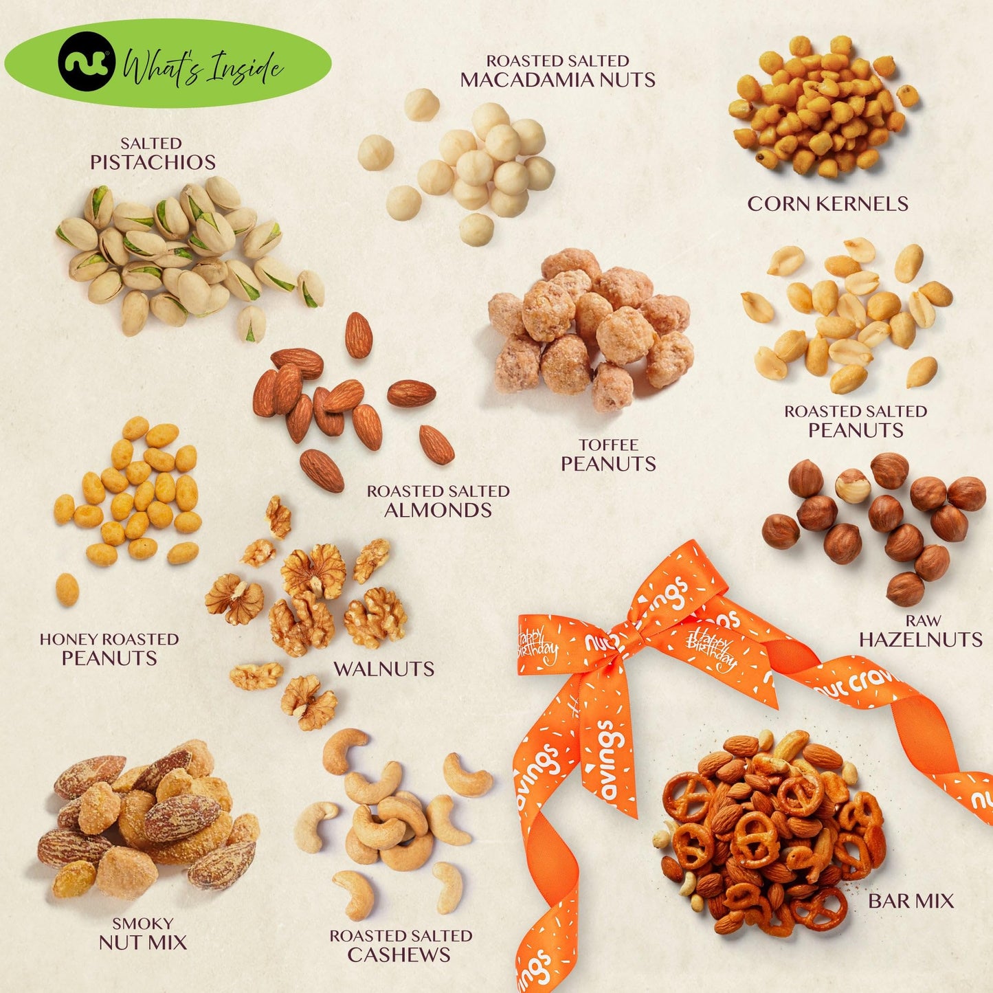 NUT CRAVINGS Gourmet Collection - Happy Birthday Treats, Nuts Gift Basket with Bday Ribbon in Reusable Wooden Tray (12 Assortments) Food Arrangement, Healthy Snack Care Package, Food Assortments