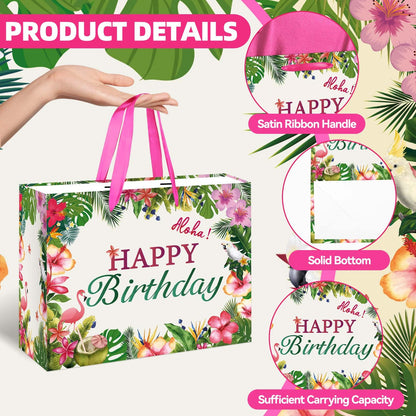 EIGHTSTATES Hawaiian Birthday Gift Bag Large Aloha Happy Birthday Party Decorations - Tropical Summer Beach Pool Party Favor Supplies - Includes Tissue Papers & Greeting Card - Luau Theme Gift Bags