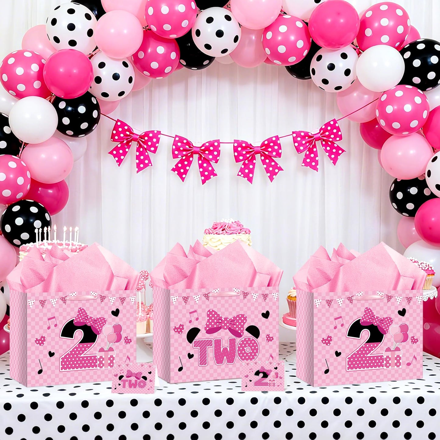 Cartoon Mouse 2nd Birthday Gift Bag Pink Mouse 2nd Birthday Bag with Tissue Paper and Card Pink Plaid Bow Two Years Old Gift Wrapping Paper Bags for Baby Girls Shower Princess 2 Year Old Party Decor