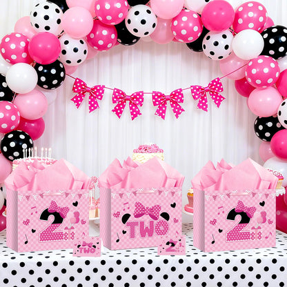 Cartoon Mouse 2nd Birthday Gift Bag Pink Mouse 2nd Birthday Bag with Tissue Paper and Card Pink Plaid Bow Two Years Old Gift Wrapping Paper Bags for Baby Girls Shower Princess 2 Year Old Party Decor