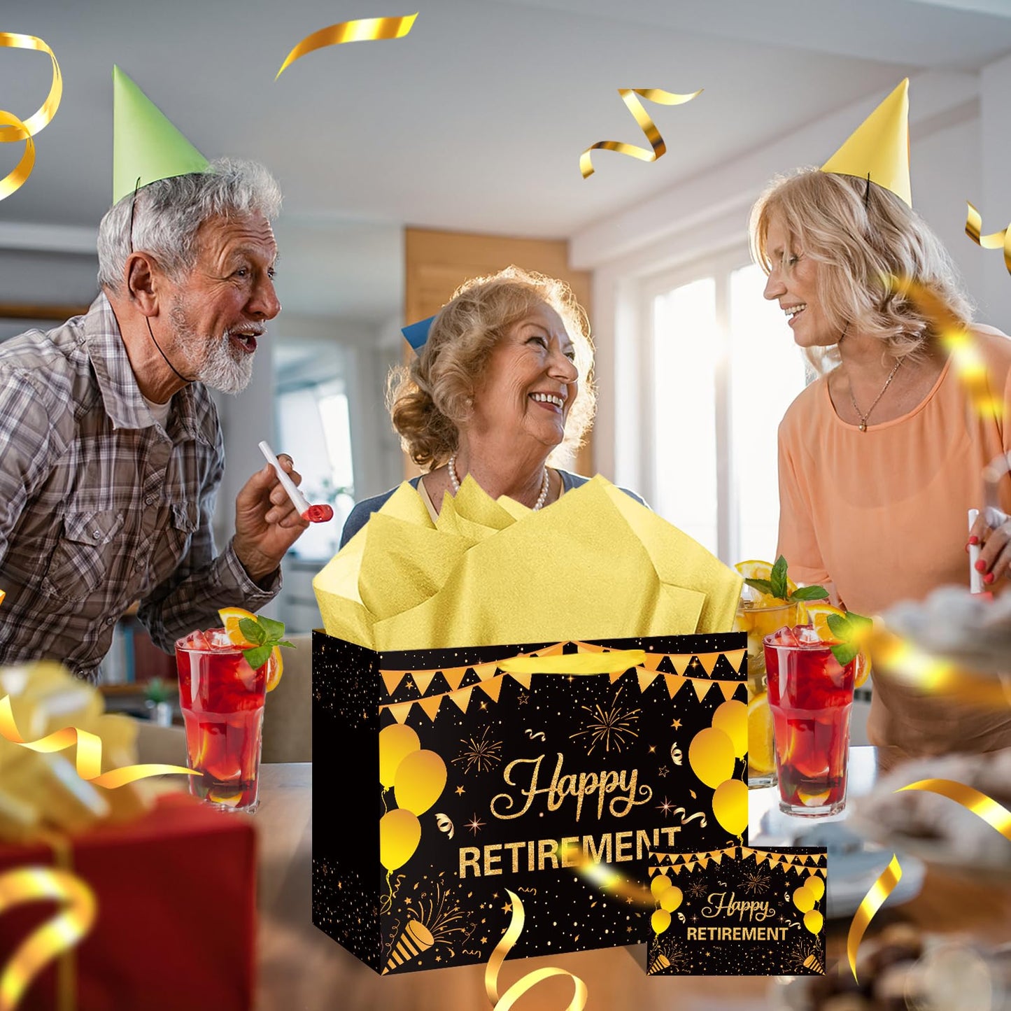 Hooqict Large Retirement Gift Bag Black Gold Happy Retirement Party Gift Bag with Handles, Wrapping Paper, Greeting Card for Men Women Coworker Teacher Farewell Going Away Party Favors