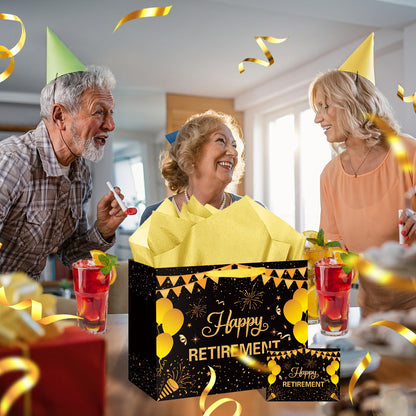 Hooqict Large Retirement Gift Bag Black Gold Happy Retirement Party Gift Bag with Handles, Wrapping Paper, Greeting Card for Men Women Coworker Teacher Farewell Going Away Party Favors