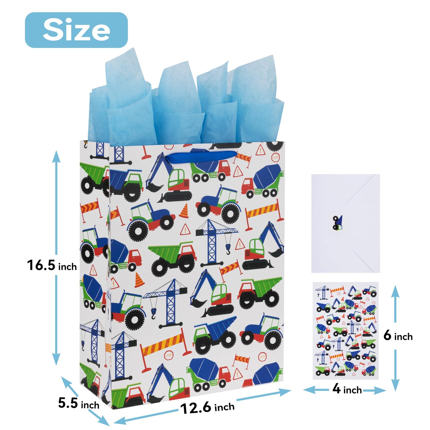 16.5" Extra Large Vehicle-themed Gift Bags Set with Greeting Card and Tissue Paper (Blue Car Design) for Boys, Kids Birthday Party, Baby boy, Baby Shower, Newborn, New Moms or Parents -10.2”x5.2”x13”,