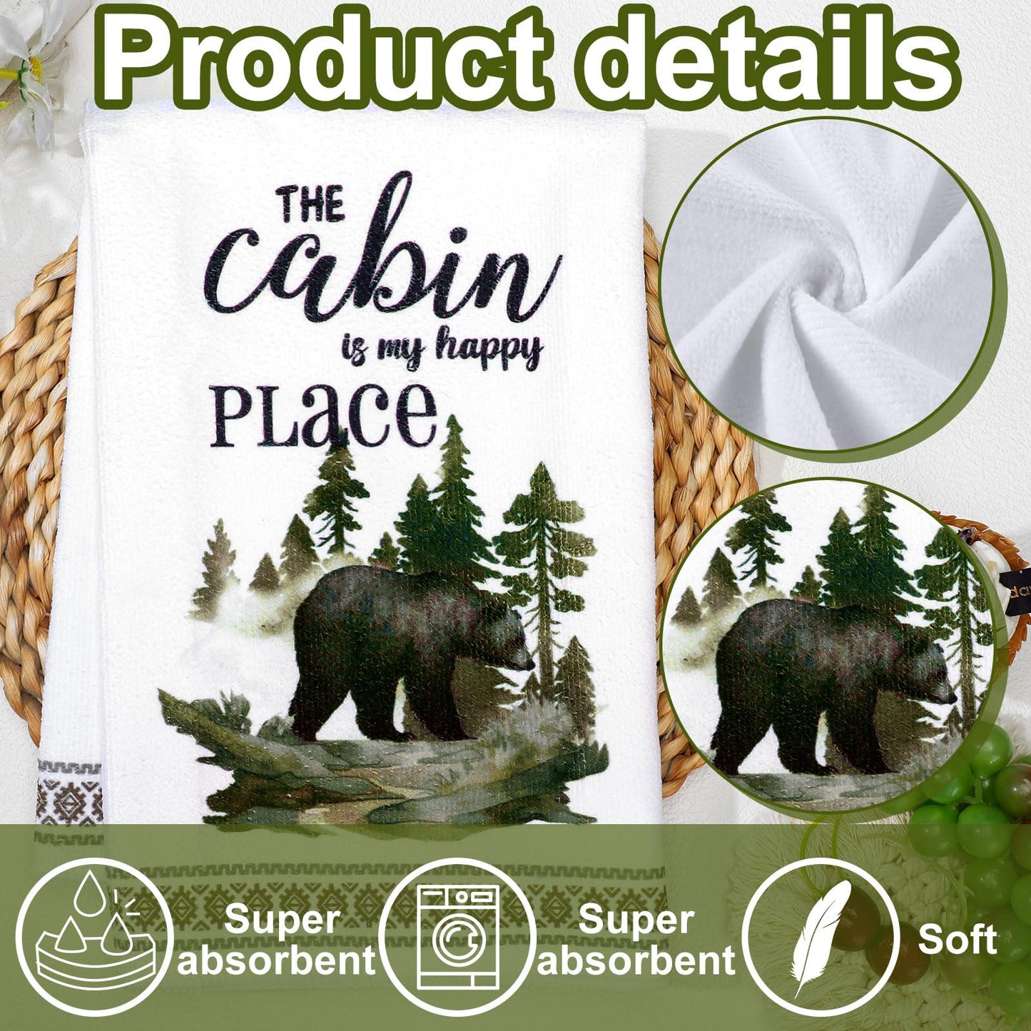 Buryeah 4 Pcs Cabin Kitchen Towels Set 23. 6 x 16 Inches Wildlife Deer Bear Dish Towels Log Rustic Cabin Decor Soft Absorbent Hand Tea Dishcloth for Home Kitchen Bathroom Farmhouse Campers