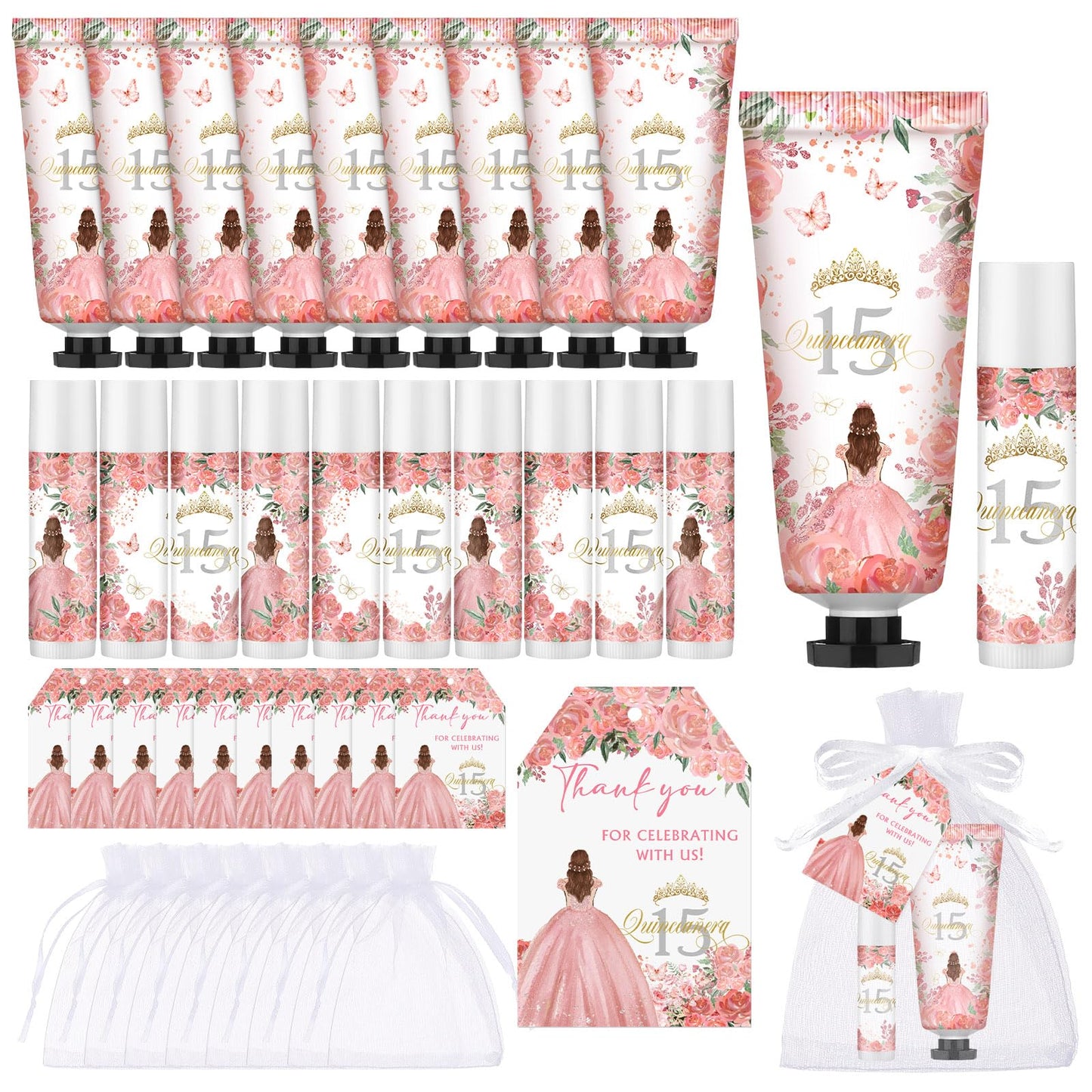 Leelosp 25 Set/100 Pcs Quinceanera Party Favor for Guest with Travel Size Hand Cream, Lip Balm, Card, Organza Bags Quinceanera Gift Set Sweet 15th Party Supply Birthday Souvenir (Pink)