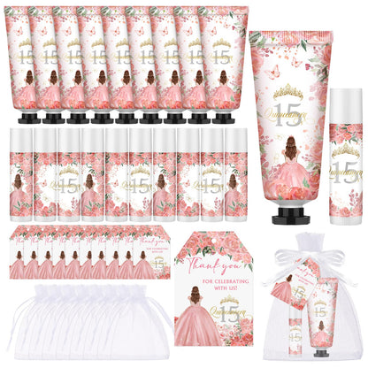 Leelosp 25 Set/100 Pcs Quinceanera Party Favor for Guest with Travel Size Hand Cream, Lip Balm, Card, Organza Bags Quinceanera Gift Set Sweet 15th Party Supply Birthday Souvenir (Pink)