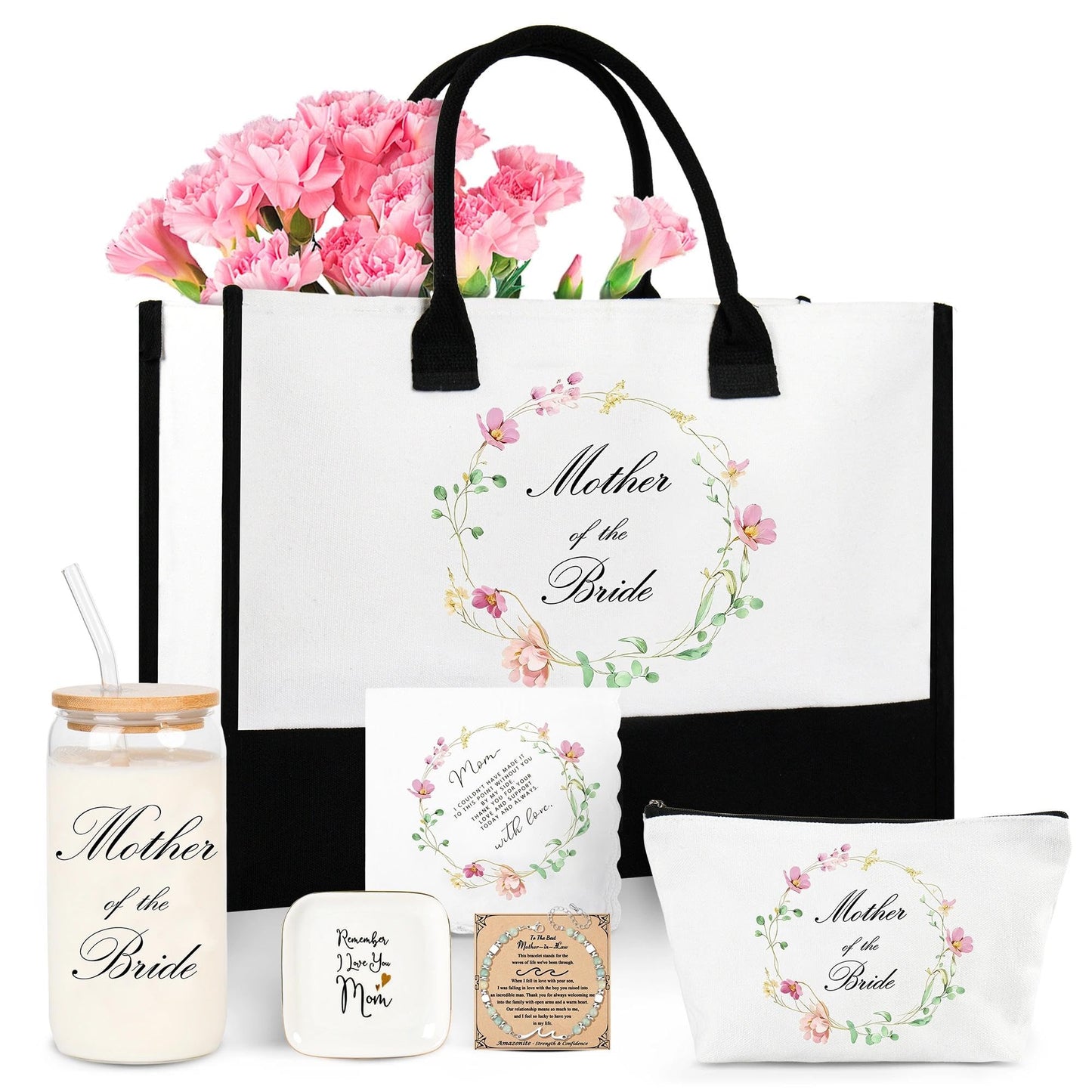 J6&H6 Mother of the Bridge/Groom Gifts Mother Gift Set Included Glass Cups Tote Bag Bracelet for Bridal Shower Wedding Gifts