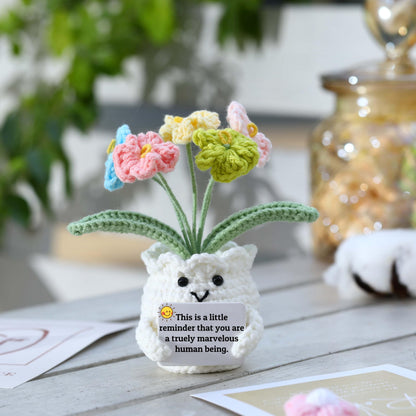 YOOJEE Forget-Me-Not Positive Crochet Flowers Plants Gift Handmade Desk Decor with Card “This is a Little Reminder” Appreciation Inspirational Gift for Coworkers Women Employee Teacher Best Friend Mom